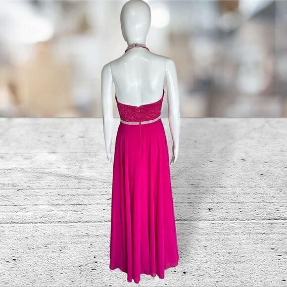 Madison James Hot Pink Fuchsia High Neck Modest Prom Bridesmaid dress - Picture 4 of 6